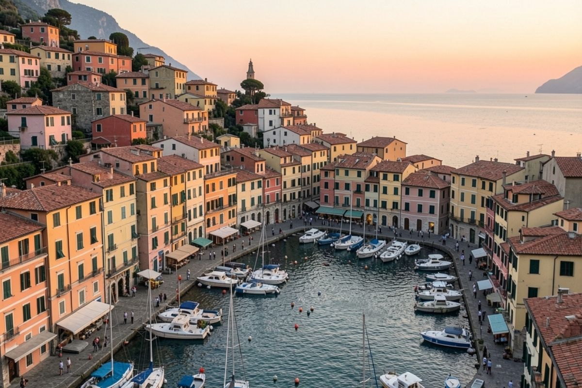 Vista panoramica di Camogli con case color pastello e mare