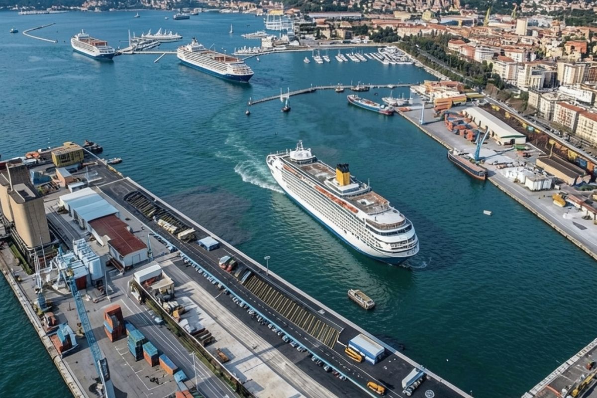 Porto di La Spezia con traghetti in partenza