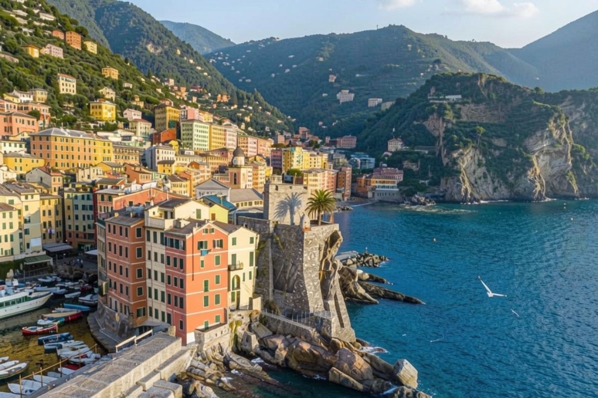 Vista panoramica di Camogli con case colorate e il mare sullo sfondo