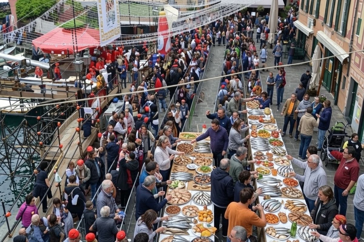 Persone che partecipano alla Sagra del Pesce a Camogli, cibo e allegria