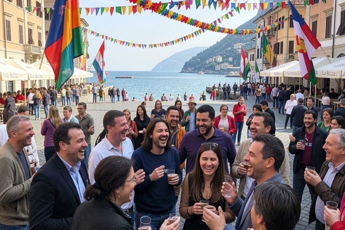 Immagine che mostra un evento culturale a La Spezia con partecipanti e decorazioni