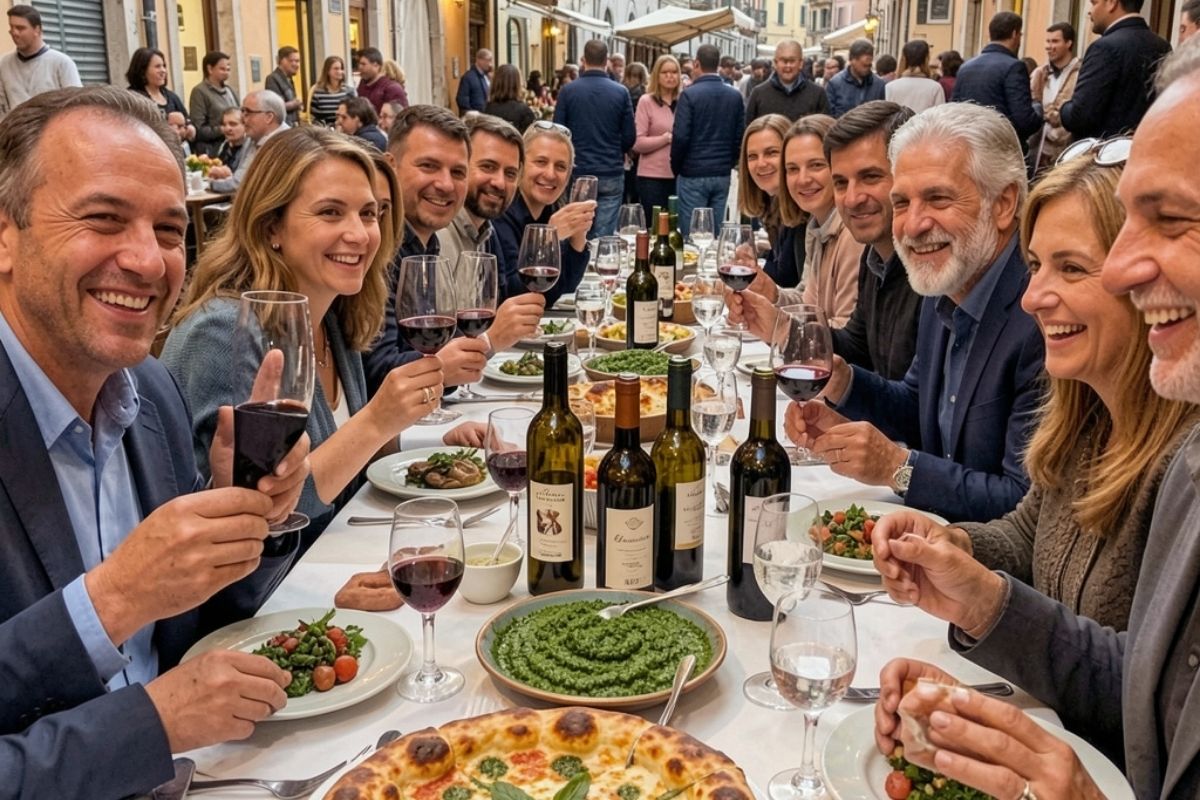 Immagine di un evento enogastronomico a La Spezia con piatti tipici e visitatori