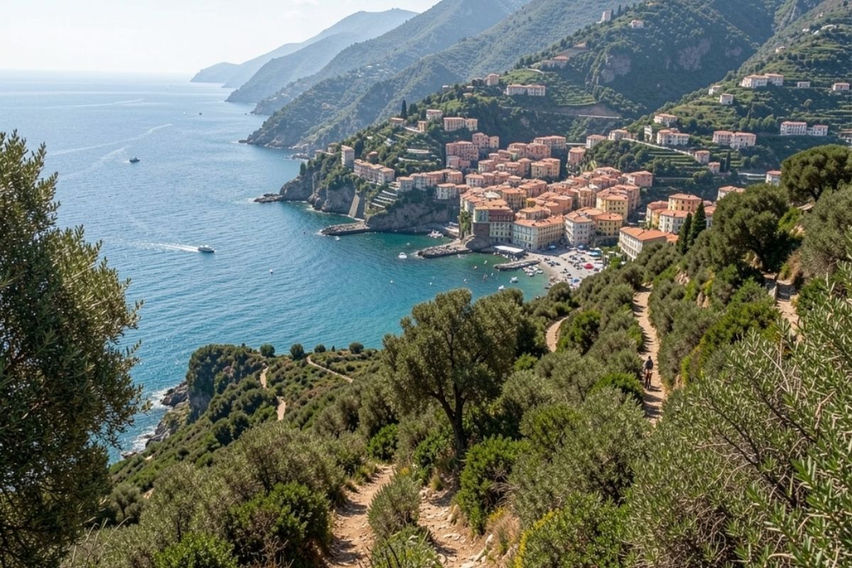 Vista panoramica di Camogli e sentieri circostanti, evidenziare il paesaggio naturale