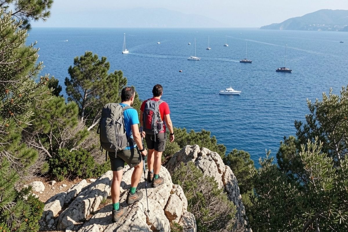 Escursionisti che godono della vista sul mare da un sentiero vicino a Camogli