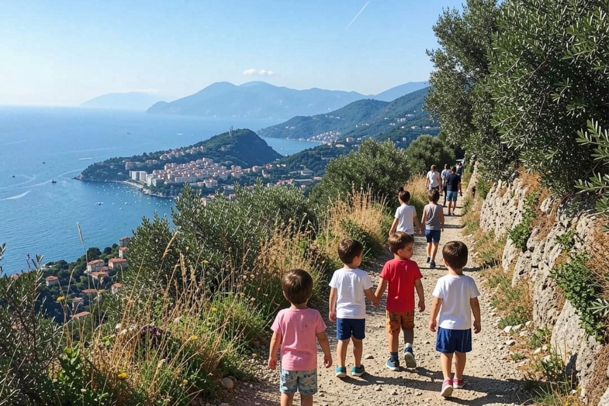 Bambini in un sentiero panoramico vicino a Rapallo