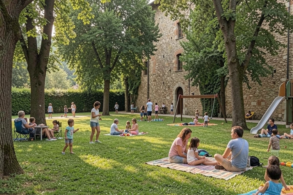 Scorcio del parco di Albenga con attività all'aperto e famiglie