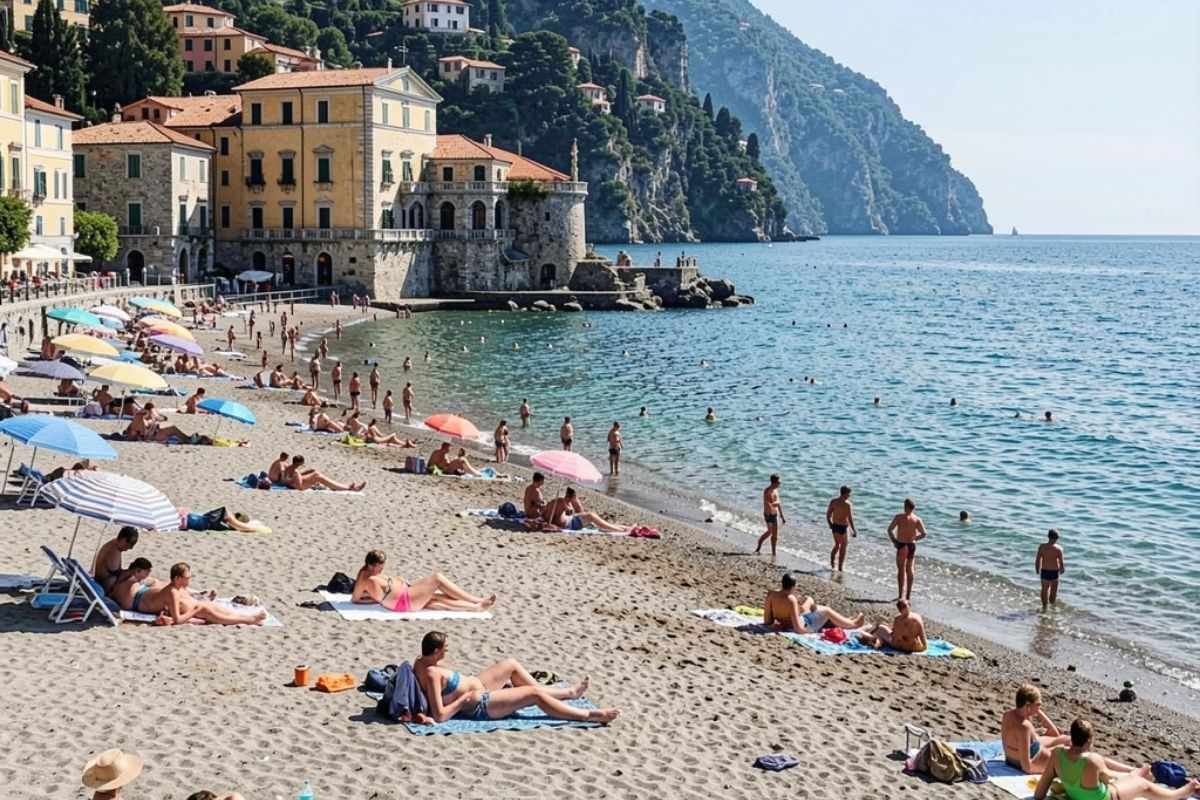 Spiaggia di San Terenzo a Lerici, con vista sul mare e le persone che si godono il sole