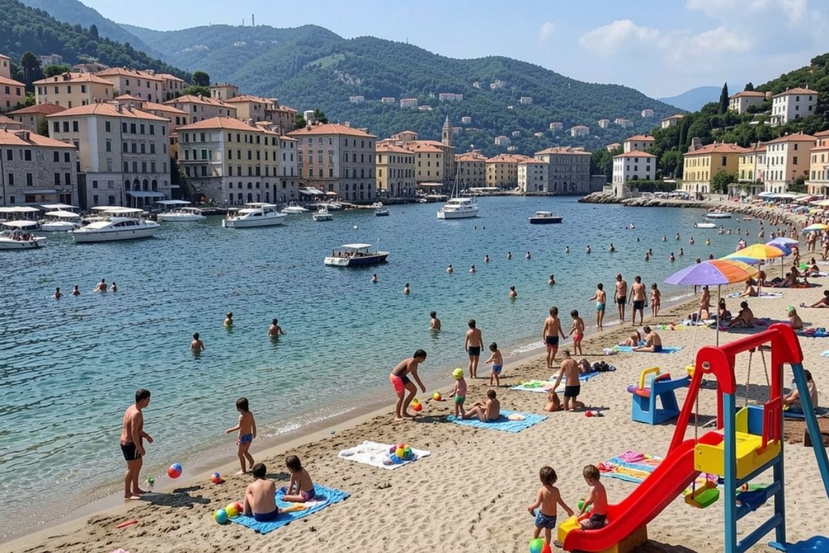 Vista panoramica su Lerici con famiglie e bambini che giocano in spiaggia