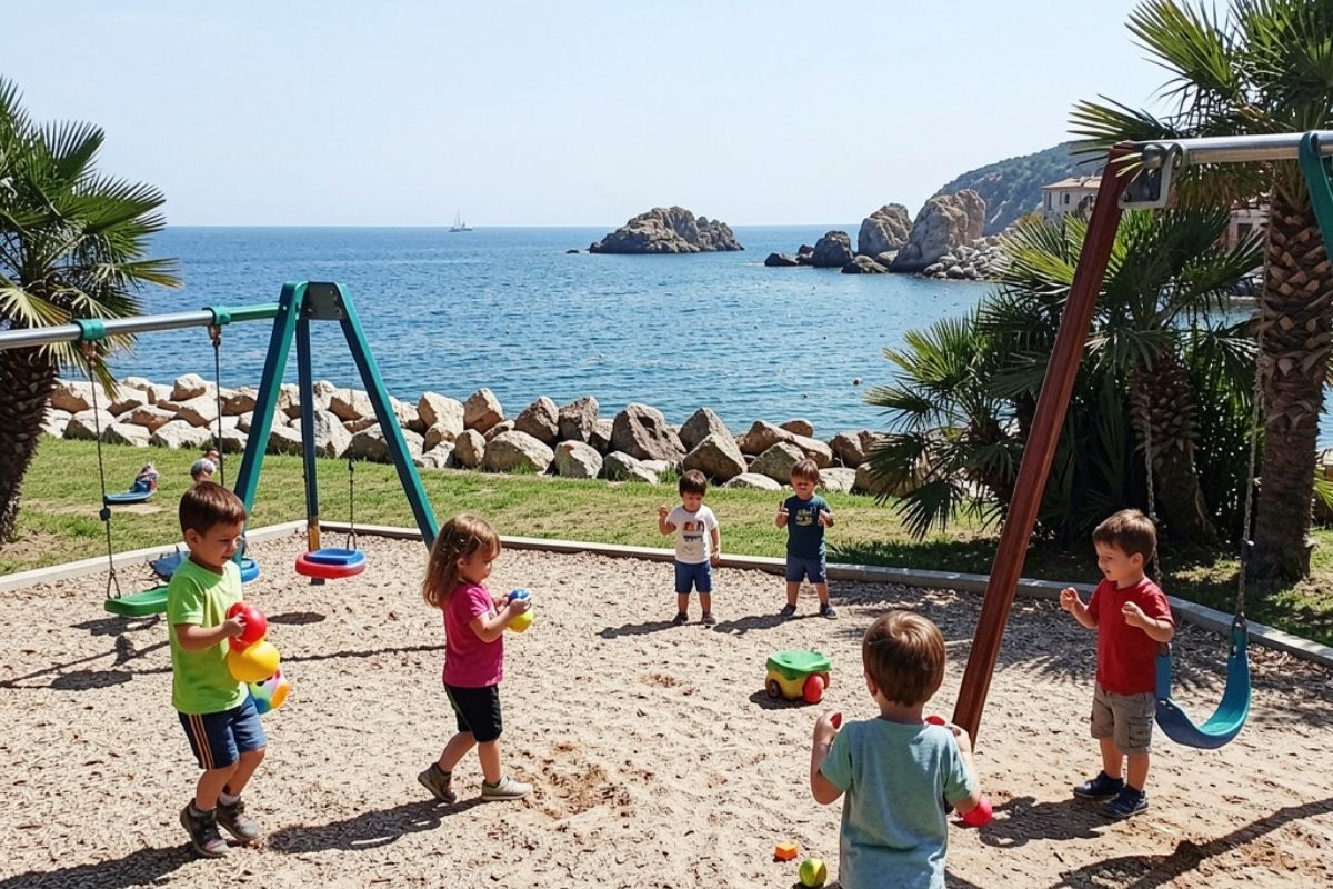 Bambini che giocano in un parco giochi di Lerici con vista sul mare