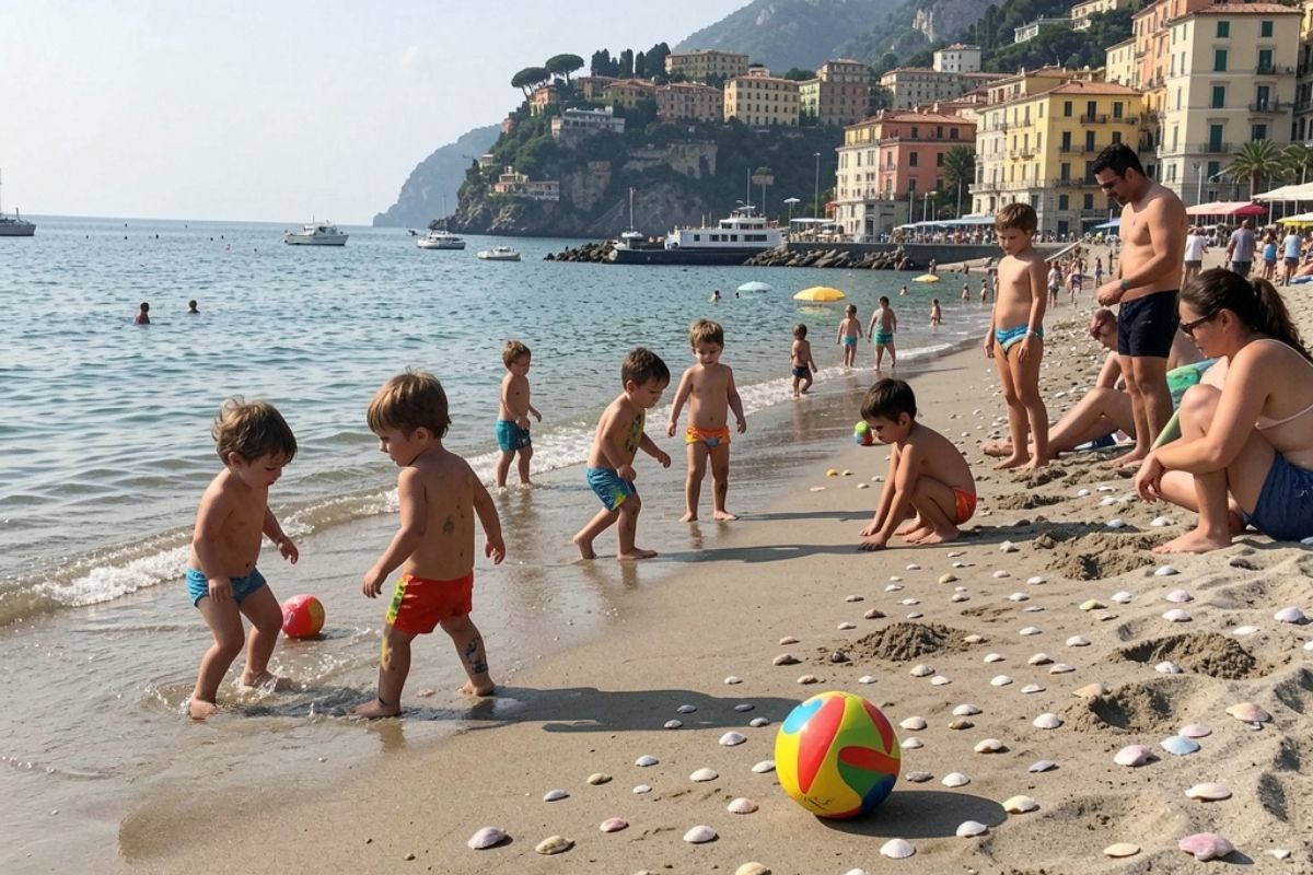 Bambini che giocano sulla spiaggia di Finale Ligure, genitori che sorvegliano