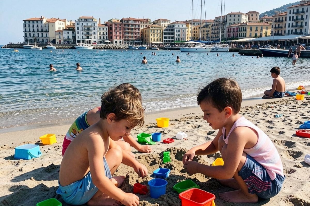 Bambini che giocano nella sabbia a Sestri Levante, con il mare sullo sfondo